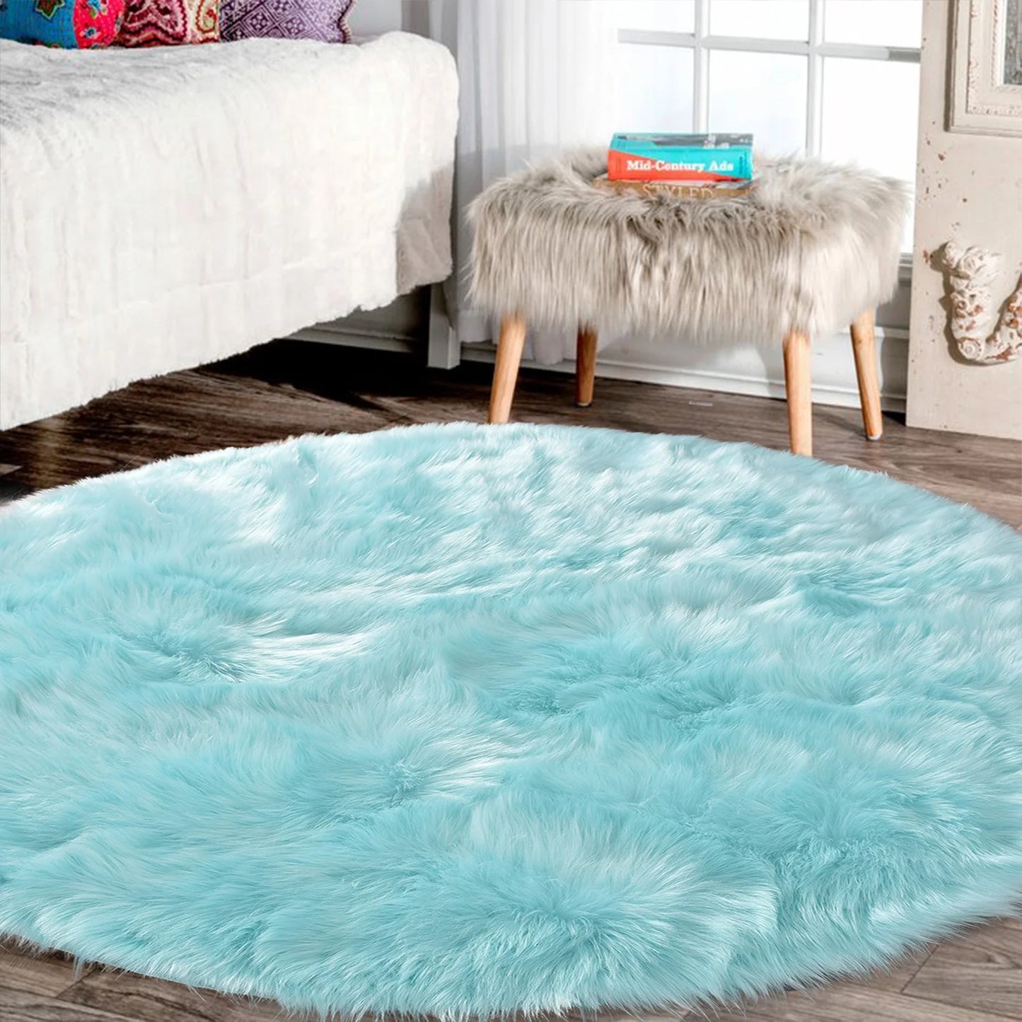 Light Blue Fur round Rug 6.7 Ft, Faux Sheepskin Circle Rug for Living Room, Boho Rugs, Fluffy Washable Rug for Bedroom, Living Room Rugs, Teen Room