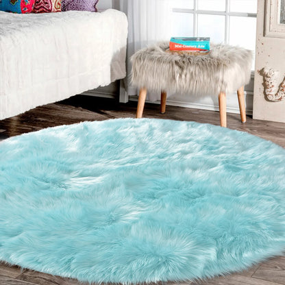 Light Blue Fur round Rug 6.7 Ft, Faux Sheepskin Circle Rug for Living Room, Boho Rugs, Fluffy Washable Rug for Bedroom, Living Room Rugs, Teen Room