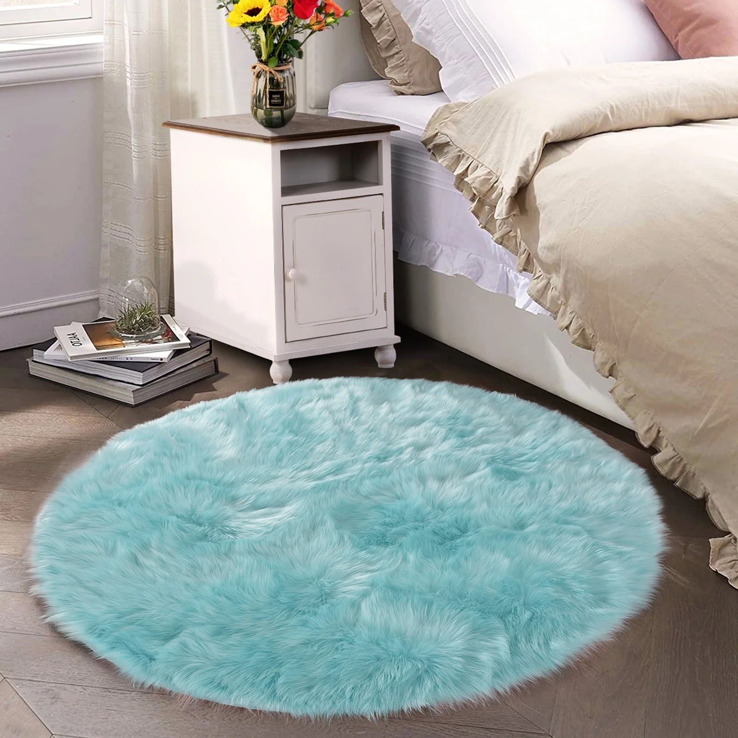 Light Blue Fur round Rug 6.7 Ft, Faux Sheepskin Circle Rug for Living Room, Boho Rugs, Fluffy Washable Rug for Bedroom, Living Room Rugs, Teen Room