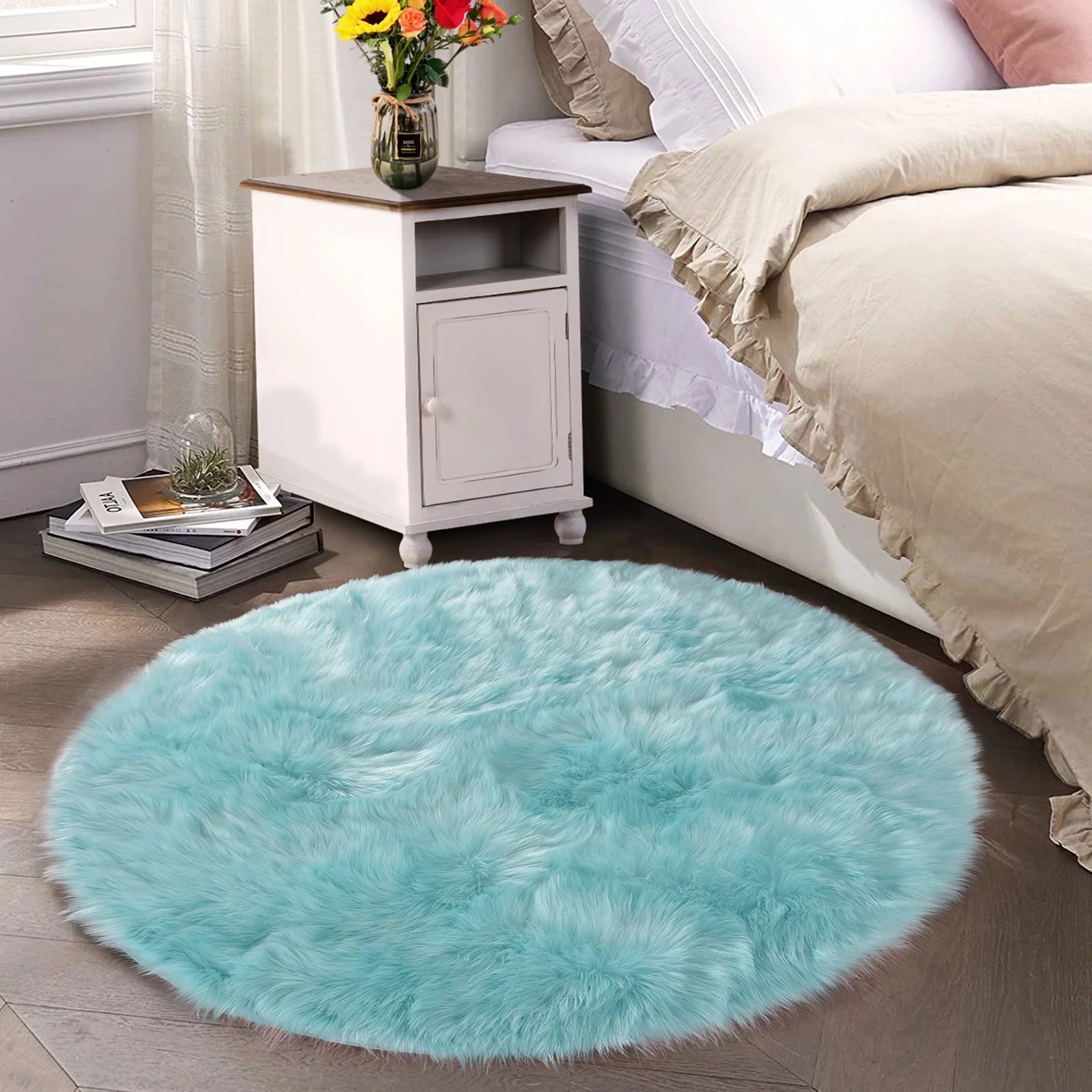 Light Blue Fur round Rug 6.7 Ft, Faux Sheepskin Circle Rug for Living Room, Boho Rugs, Fluffy Washable Rug for Bedroom, Living Room Rugs, Teen Room
